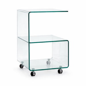 Mesa ABIGAIL, ruedas, cristal transparente, 40 x 40 cms