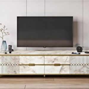 Mueble de TV ELOISE, bilaminado mármol blanco con detalles dorados, 180 cms.