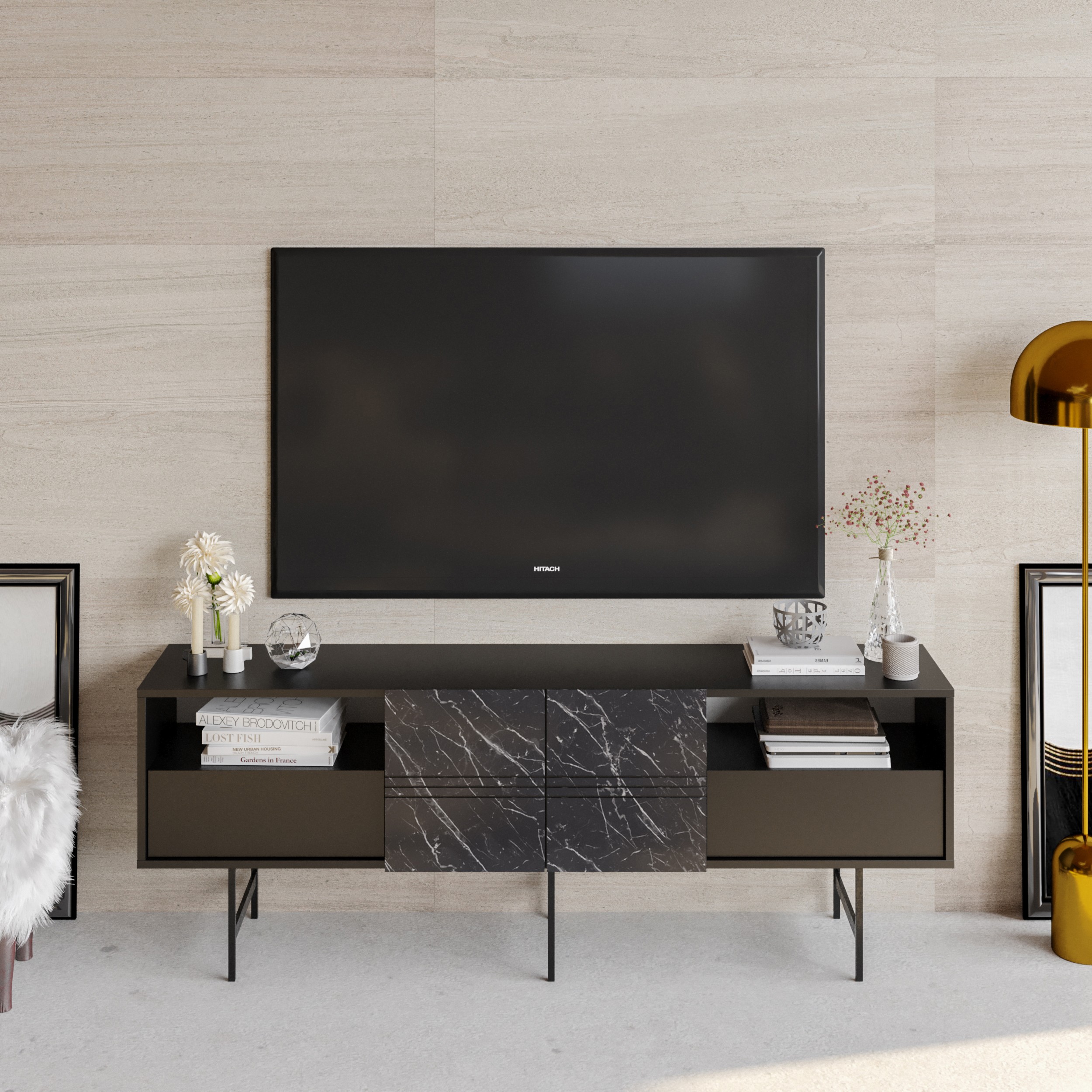 Mueble de TV SIMON, bilaminado mármol negro, 180 cms.