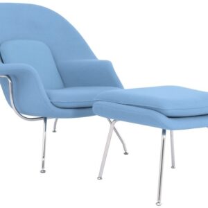 Sillón con ottoman WOW, fibra de vidrio, acero inoxidable, tejido cachemir azul claro