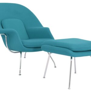 Sillón con ottoman WOW, fibra de vidrio, acero inoxidable, tejido cachemir cian
