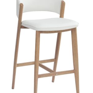 Taburete CALABRIA, metal acabado de color madera, similpiel blanca